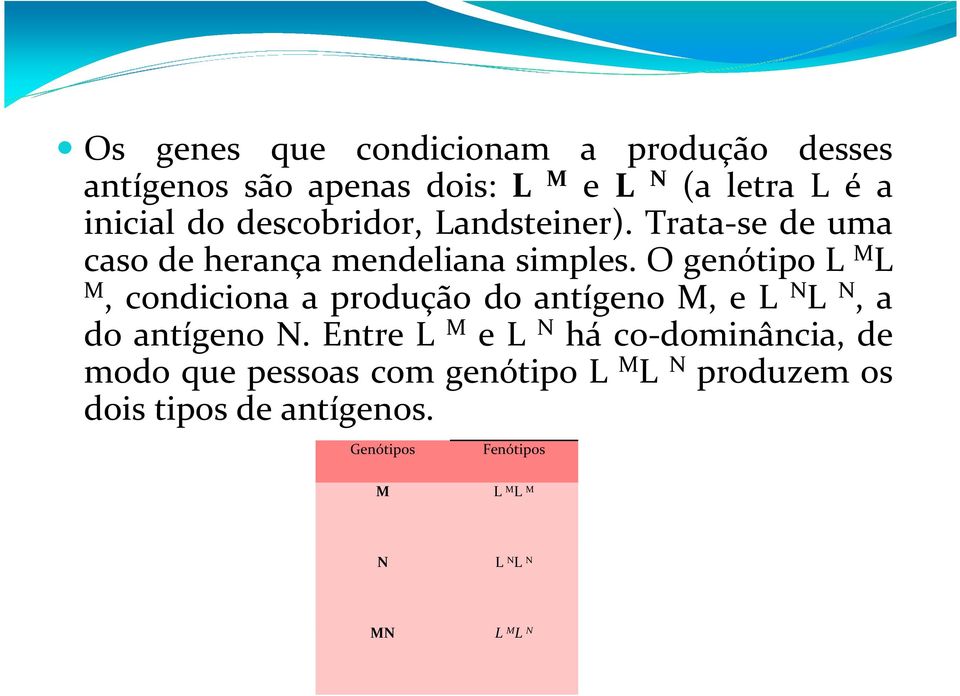 O genótipo L M L M, condiciona a produção do antígeno M, e L N L N, a do antígeno N.