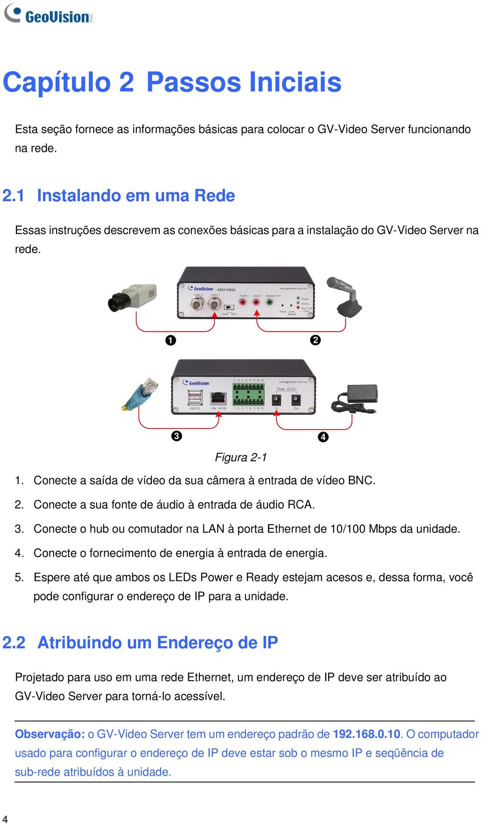 4. Conecte o fornecimento de energia à entrada de energia. 5. Espere até que ambos os LEDs Power e Ready estejam acesos e, dessa forma, você pode configurar o endereço de IP para a unidade. 2.