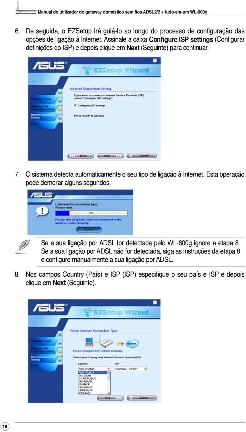 O sistema detecta automaticamente o seu tipo de ligação à Internet. Esta operação pode demorar alguns segundos.