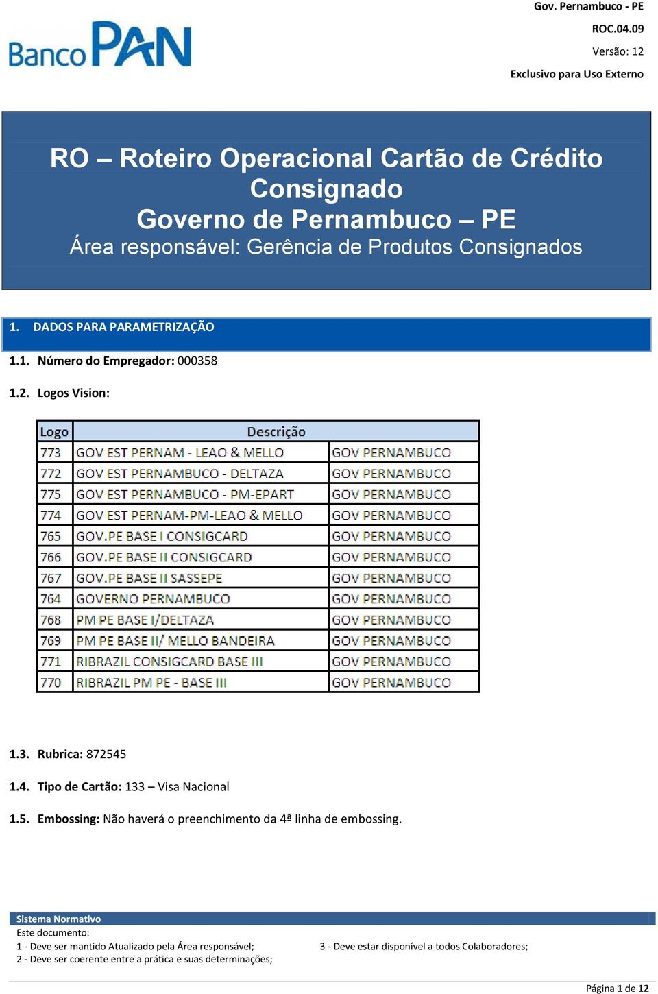 Pernambuco PE Área responsável: Gerência de Produtos Consignados 1. DADOS PARA PARAMETRIZAÇÃO 1.1. Número do Empregador: 000358 1.
