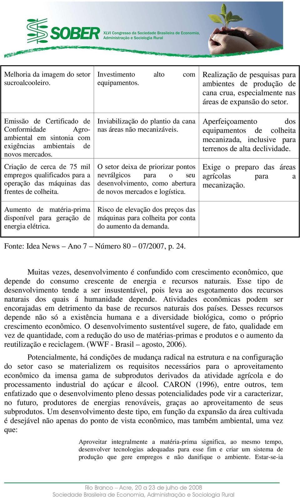 Investimento alto com equipamentos. Inviabilização do plantio da cana nas áreas não mecanizáveis.