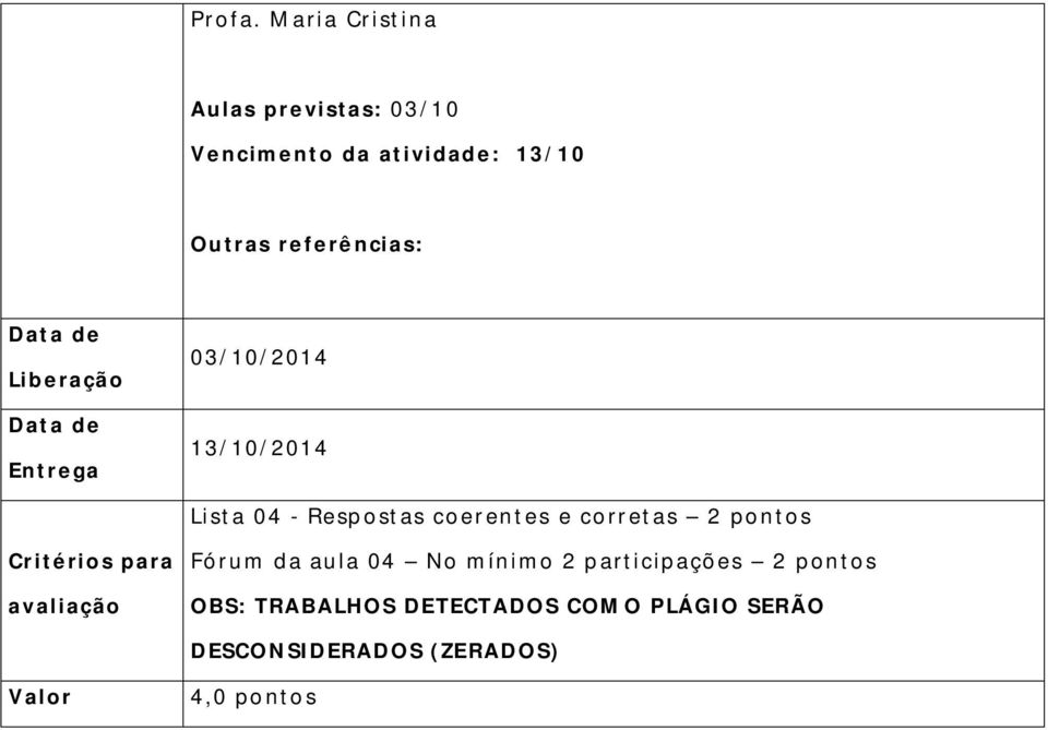 ncias: Liberação Entrega Critérios para avaliação Valor 03/10/2014 13/10/2014 Lista 04 -