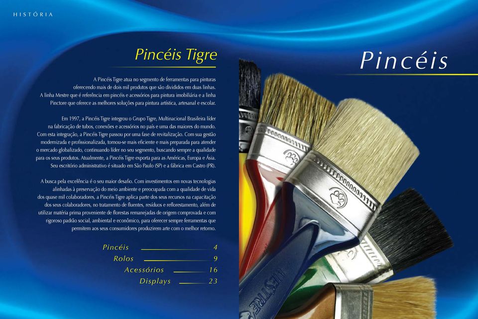 Em 1997, a Pincéis Tigre integrou o Grupo Tigre, Multinacional Brasileira líder na fabricação de tubos, conexões e acessórios no país e uma das maiores do mundo.