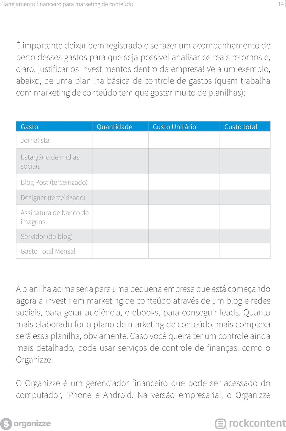 Jornalista Estagiário de mídias sociais Blog Post (terceirizado) Designer (terceirizado) Assinatura de banco de imagens Servidor (do blog) Gasto Total Mensal A planilha acima seria para uma pequena