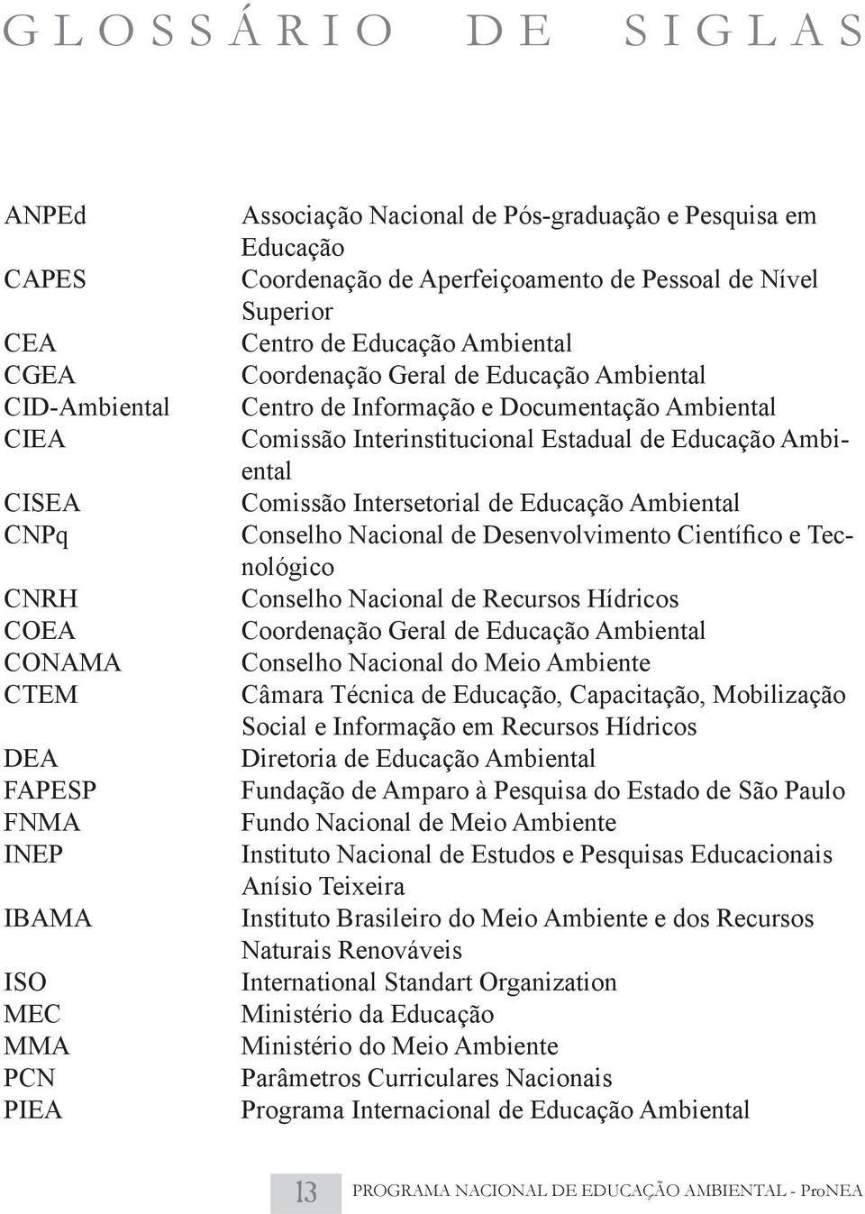 Comissão Interinstitucional Estadual de Educação Ambiental Comissão Intersetorial de Educação Ambiental Conselho Nacional de Desenvolvimento Científico e Tecnológico Conselho Nacional de Recursos