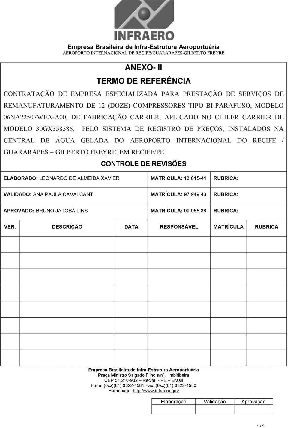 NA CENTRAL DE ÁGUA GELADA DO AEROPORTO INTERNACIONAL DO RECIFE / GUARARAPES GILBERTO FREYRE, EM RECIFE/PE. CONTROLE DE REVISÕES ELABORADO: LEONARDO DE ALMEIDA XAVIER MATRÍCULA: 13.