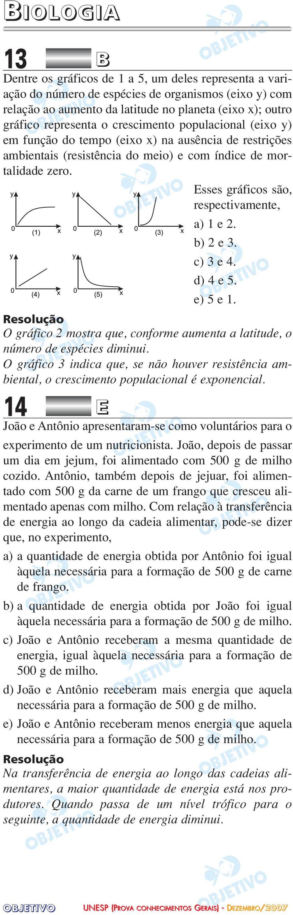 Esses gráficos são, respectivamente, a) 1 e 2. b) 2 e 3. c) 3 e 4. d) 4 e 5. e) 5 e 1. O gráfico 2 mostra que, conforme aumenta a latitude, o número de espécies diminui.