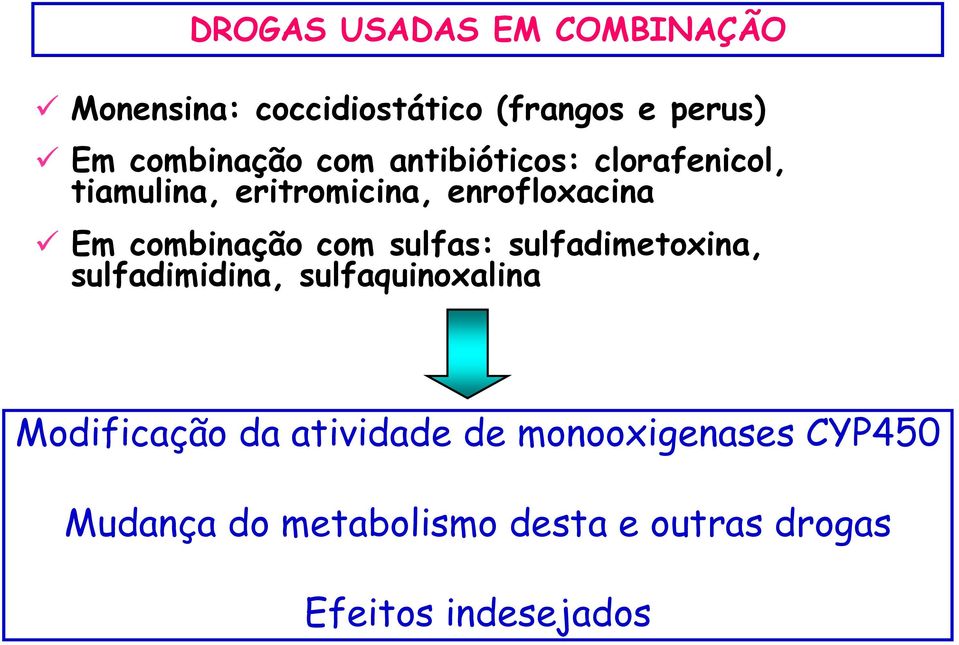 com sulfas: sulfadimetoxina, sulfadimidina, sulfaquinoxalina Modificação da atividade