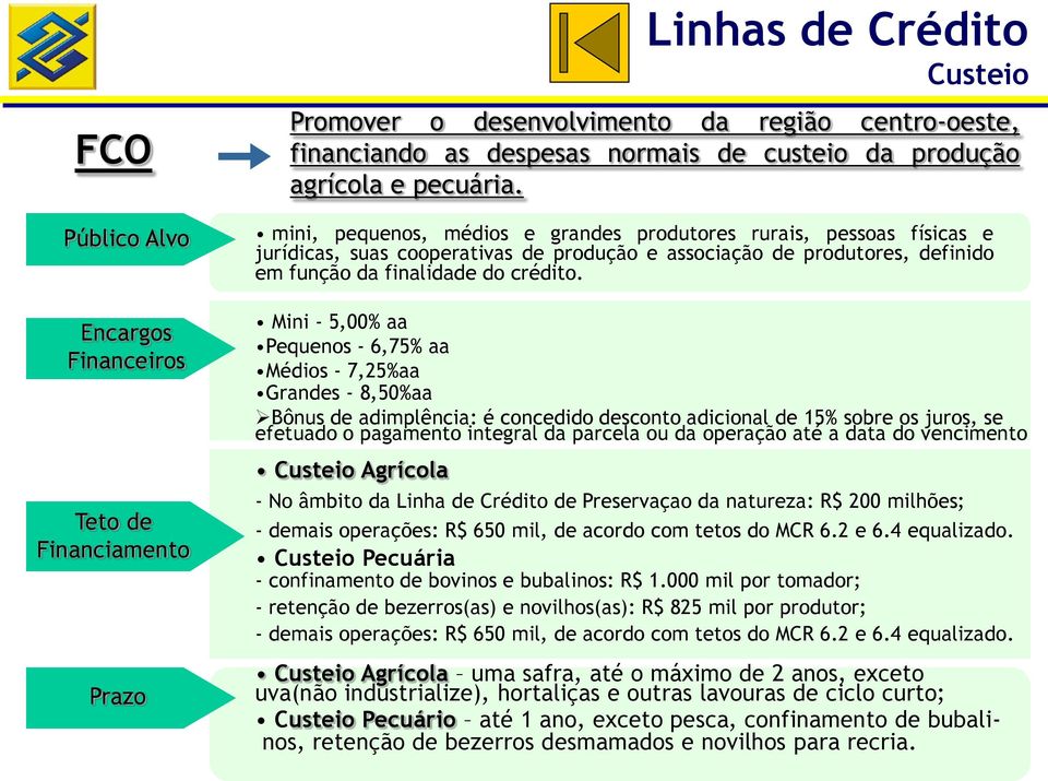 Mini - 5,00% aa Pequenos - 6,75% aa Médios - 7,25%aa Grandes - 8,50%aa Bônus de adimplência: é concedido desconto adicional de 15% sobre os juros, se efetuado o pagamento integral da parcela ou da