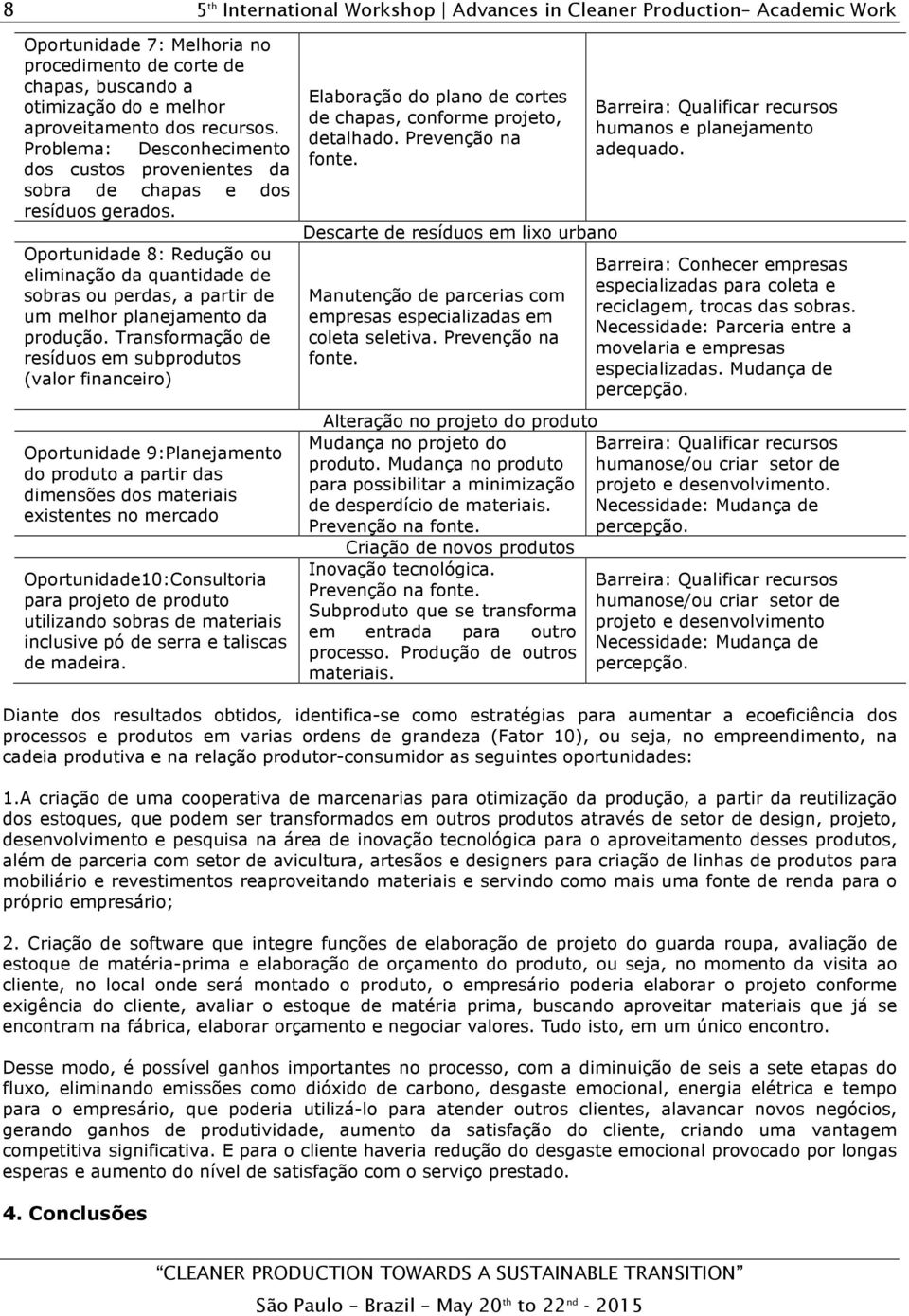 Oportunidade 8: Redução ou eliminação da quantidade de sobras ou perdas, a partir de um melhor planejamento da produção.