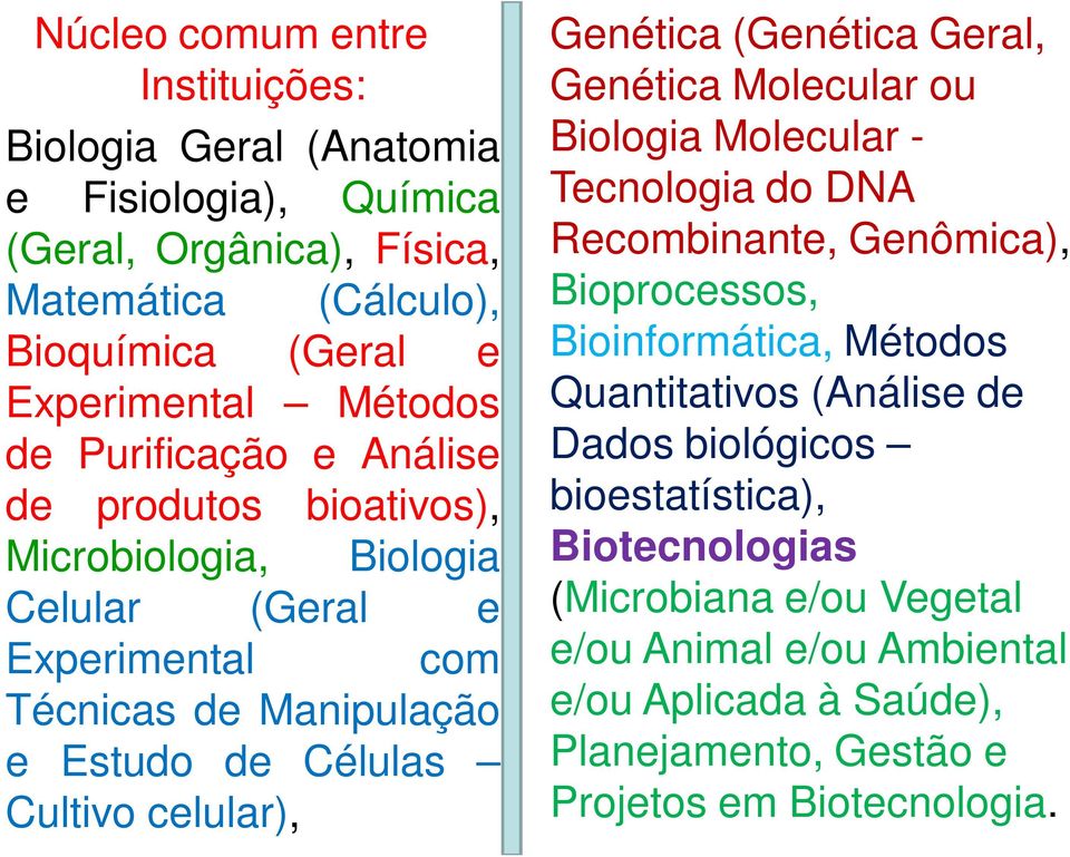 Genética (Genética Geral, Genética Molecular ou Biologia Molecular - Tecnologia do DNA Recombinante, Genômica), Bioprocessos, Bioinformática, Métodos Quantitativos (Análise