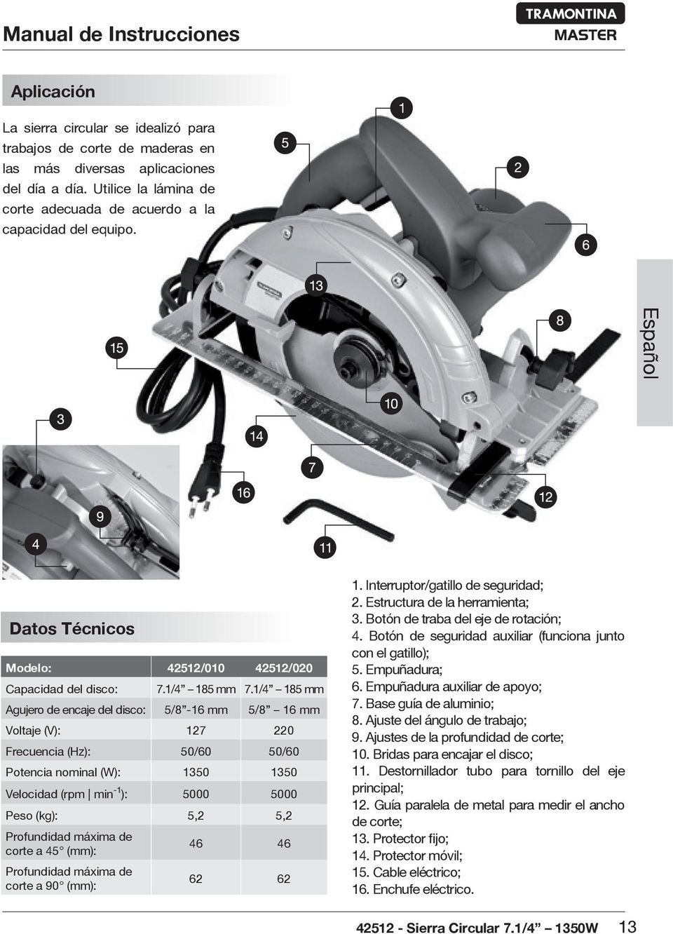 1/4 185 mm Agujero de encaje del disco: 5/8-16 mm 5/8 16 mm Voltaje (V): 127 220 Frecuencia (Hz): 50/60 50/60 Potencia nominal (W): 1350 1350 Velocidad (rpm min -1 ): 5000 5000 Peso (kg): 5,2 5,2