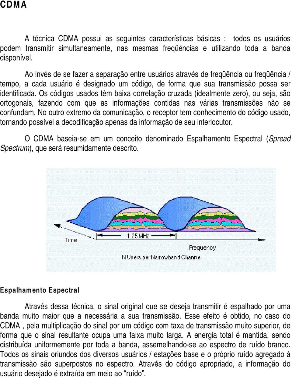 Os códigos usados têm baixa correlação cruzada (idealmente zero), ou seja, são ortogonais, fazendo com que as informações contidas nas várias transmissões não se confundam.