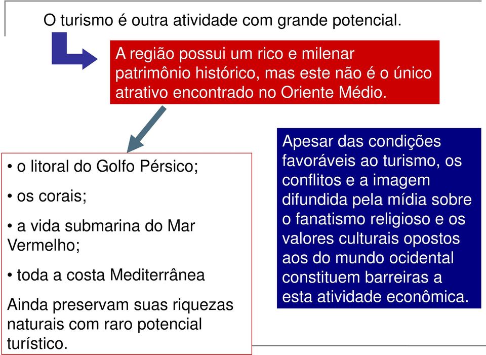 o litoral do Golfo Pérsico; os corais; a vida submarina do Mar Vermelho; toda a costa Mediterrânea Ainda preservam suas riquezas naturais