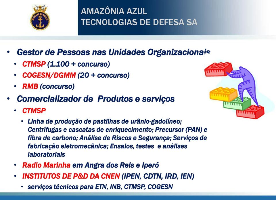 pastilhas de urânio-gadolíneo; Centrífugas e cascatas de enriquecimento; Precursor (PAN) e fibra de carbono; Análise de Riscos e