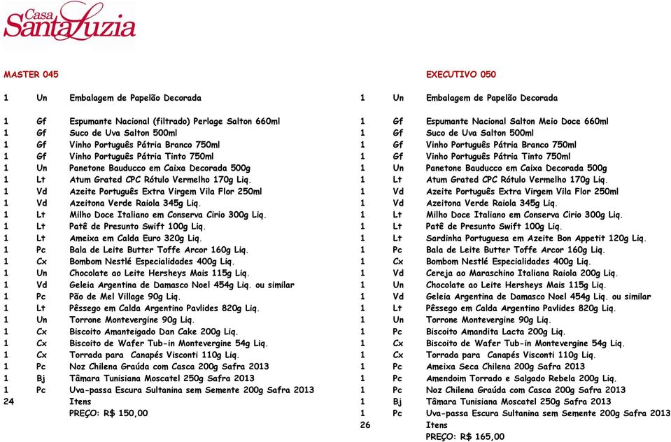 24 Itens PREÇO: R$ 150,00 EXECUTIVO 050 1 Gf Espumante Nacional Salton Meio Doce 660ml 1 Gf Vinho Português Pátria Branco 750ml 1 Gf Vinho Português Pátria Tinto 750ml 1 Lt Milho Doce