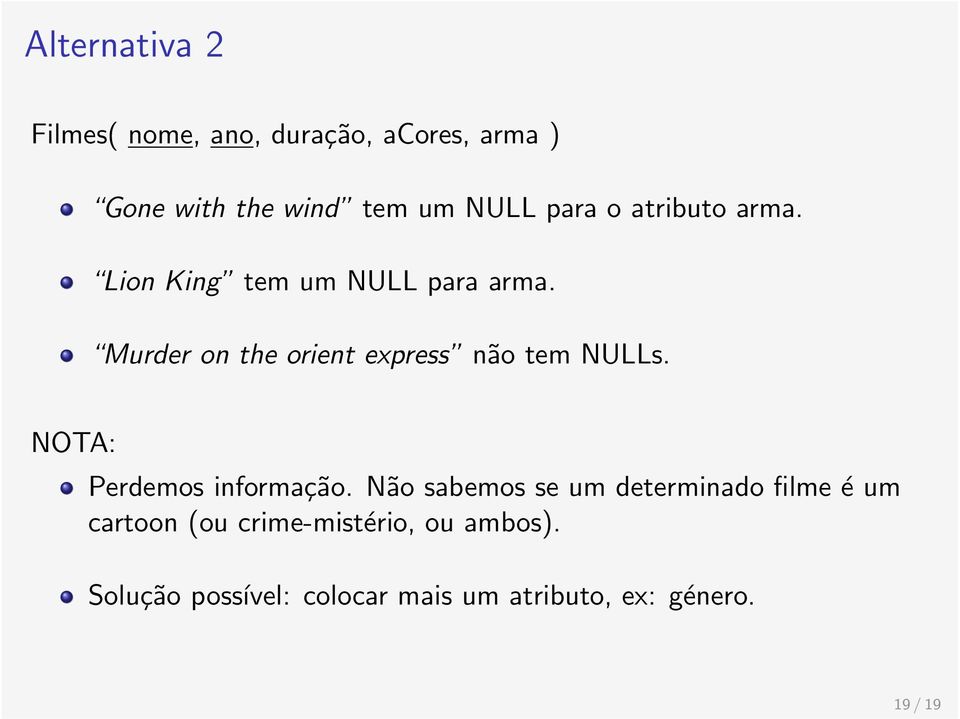 Murder on the orient express não tem NULLs. NOTA: Perdemos informação.