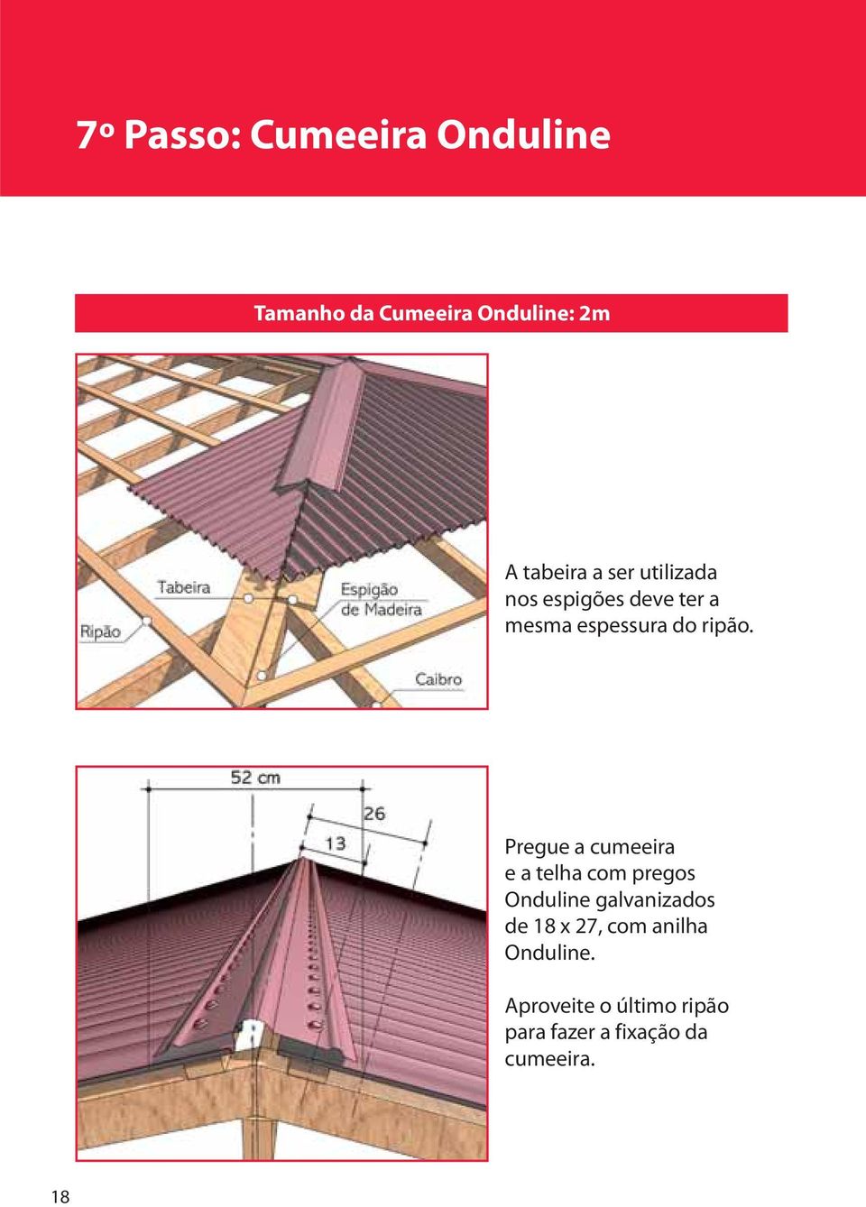 Pregue a cumeeira e a telha com pregos Onduline galvanizados de 18 x 27,