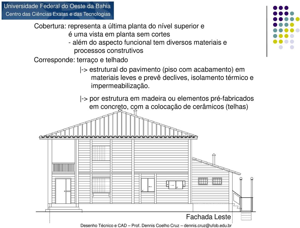 pavimento (piso com acabamento) em materiais leves e prevê declives, isolamento térmico e impermeabilização.