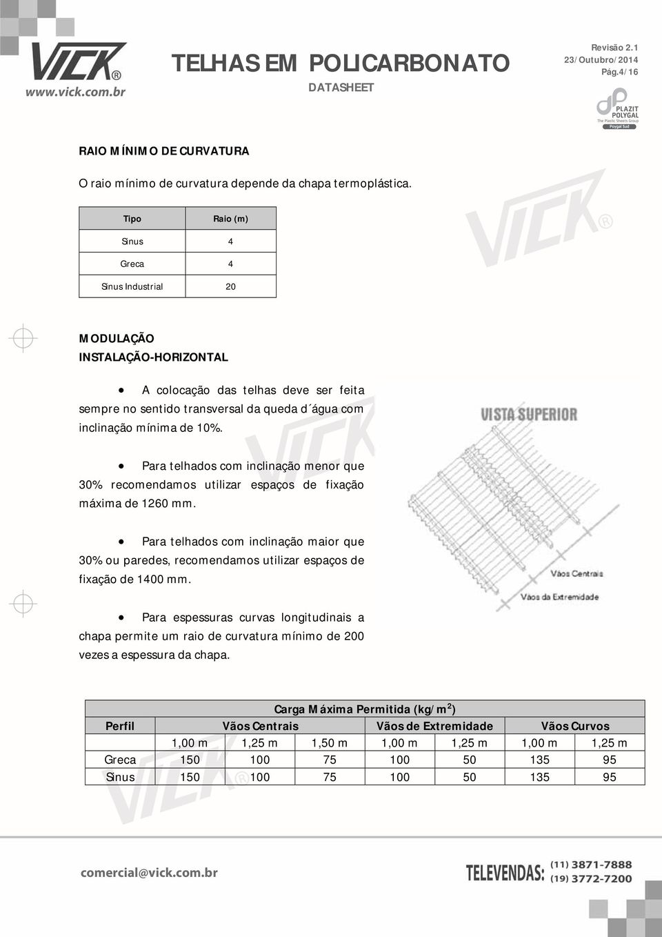 Para telhados com inclinação menor que 30% recomendamos utilizar espaços de fixação máxima de 1260 mm.