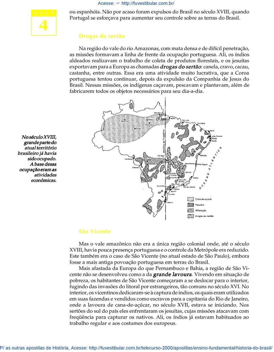 Ai, os índios adeados reaizavam o trabaho de coeta de produtos forestais, e os jesuítas exportavam para a Europa as chamadas drogas do sertão: canea, cravo, cacau, castanha, entre outras.