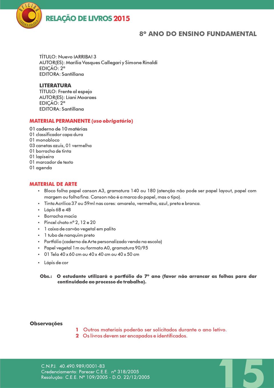 (uso obrigatório) 01 caderno de 10 matérias 01 classificador capa dura 01 monobloco 03 canetas azuis, 01 vermelha 01 borracha de tinta 01 lapiseira 01 marcador de texto 01 agenda MATERIAL DE ARTE