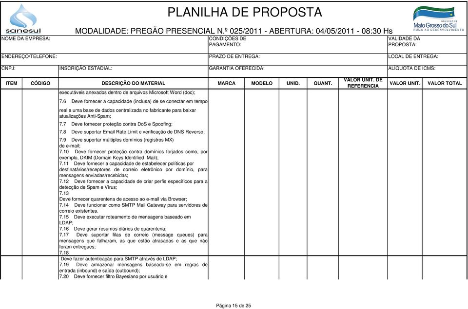 7 Deve fornecer proteção contra DoS e Spoofing; 7.8 Deve suportar Email Rate Limit e verificação de DNS Reverso; 7.9 Deve suportar múltiplos domínios (registros MX) de e-mail; 7.