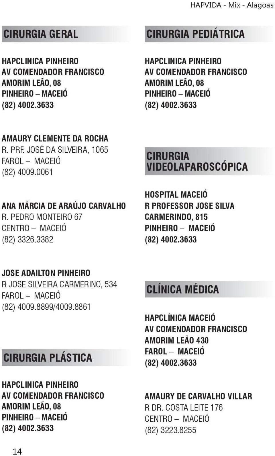 0061 ANA MÁRCIA DE ARAÚJO CARVALHO R. PEDRO MONTEIRO 67 CENTRO MACEIÓ (82) 3326.3382 CIRURGIA VIDEOLAPAROSCÓPICA HOSPITAL MACEIÓ R PROFESSOR JOSE SILVA CARMERINDO, 815 PINHEIRO MACEIÓ (82) 4002.