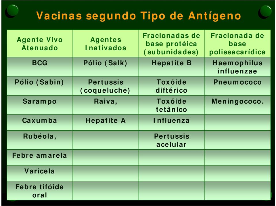 Pólio (Sabin) Pertussis (coqueluche) Toxóide diftérico Sarampo Raiva, Toxóide tetânico Caxumba