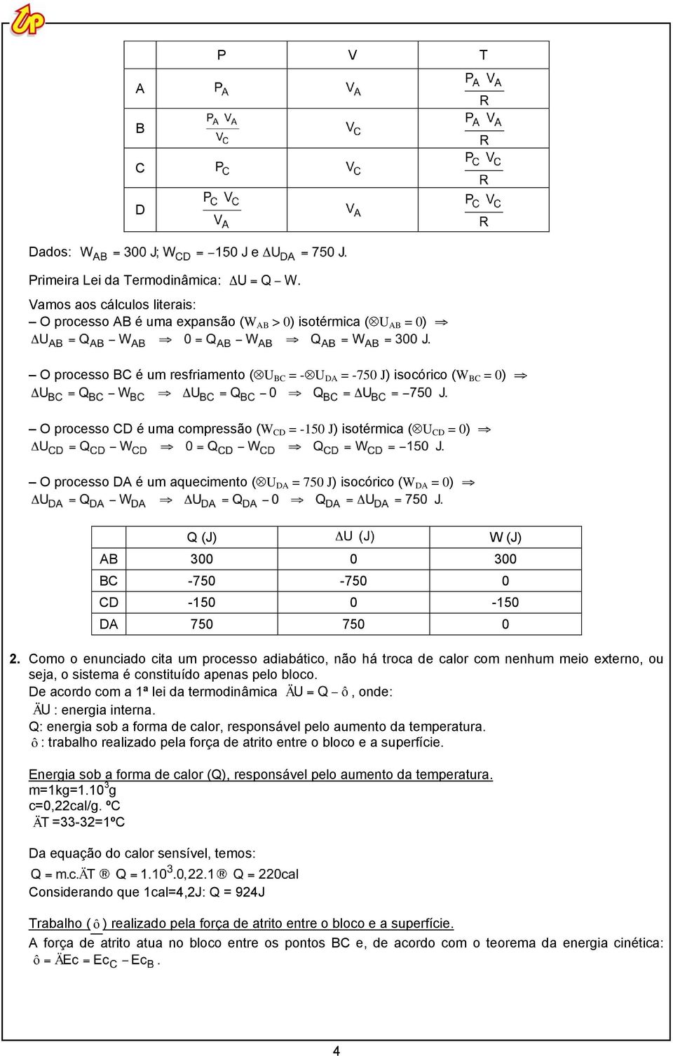 0 CD -150 0-150 DA 750 750 0 2 Como o enunciado cita um processo adiabático, não há troca de calor com nenhum meio externo, ou seja, o sistema é constituído apenas pelo bloco De acordo com a 1ª lei