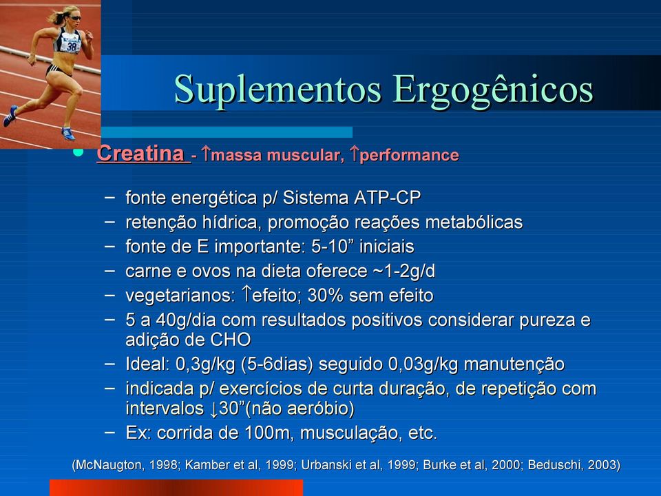 considerar pureza e adição de CHO Ideal: 0,3g/kg (5-6dias) seguido 0,03g/kg manutenção indicada p/ exercícios de curta duração, de repetição com