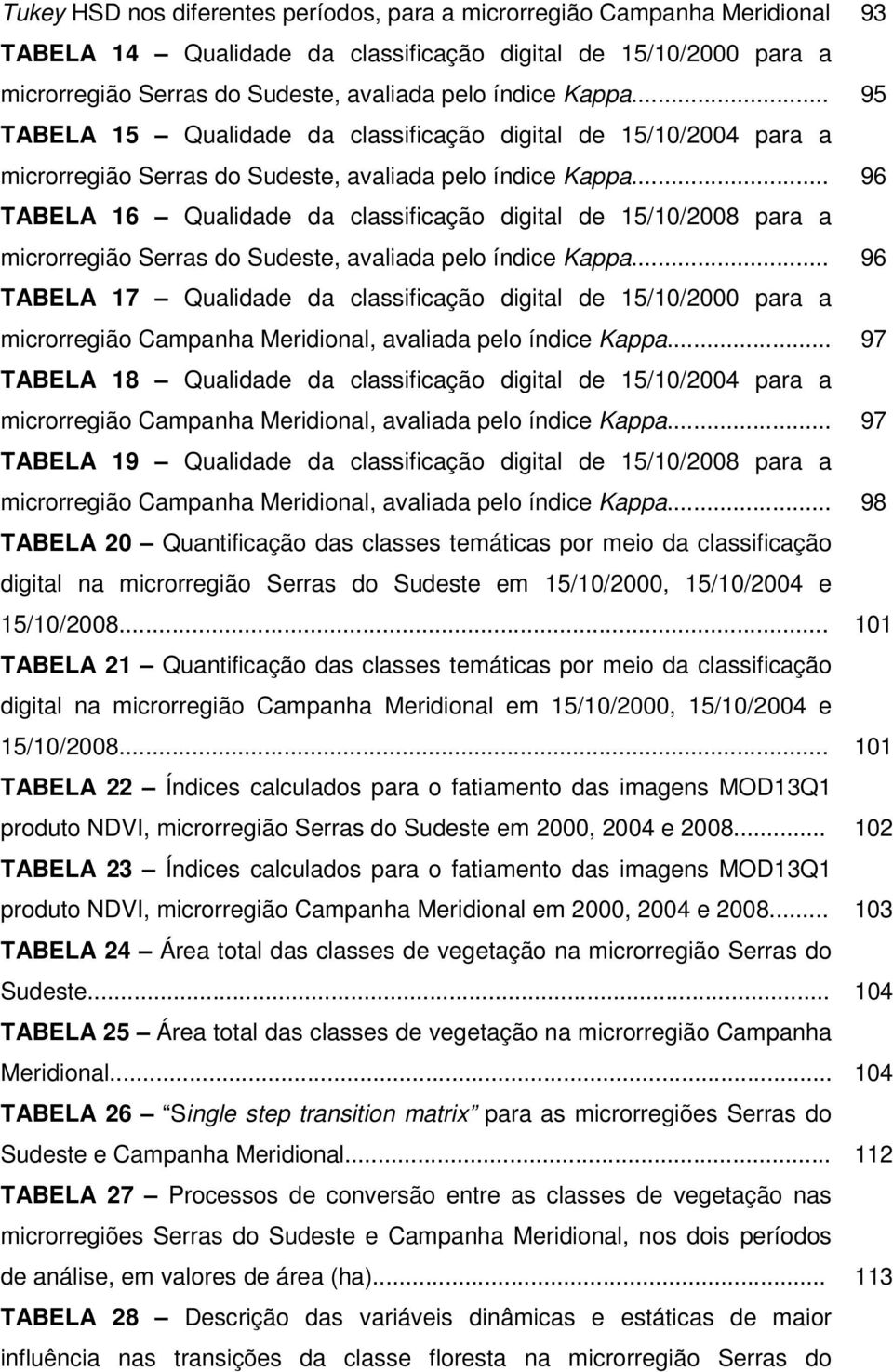 .. 96 TABELA 16 Qualidade da classificação digital de 15/10/2008 para a microrregião Serras do Sudeste, avaliada pelo índice Kappa.