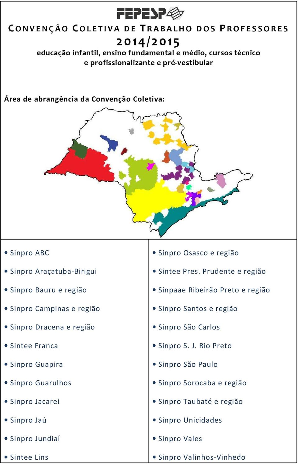 Guapira Sinpro Guarulhos Sinpro Jacareí Sinpro Jaú Sinpro Jundiaí Sintee Lins Sinpro Osasco e região Sintee Pres.