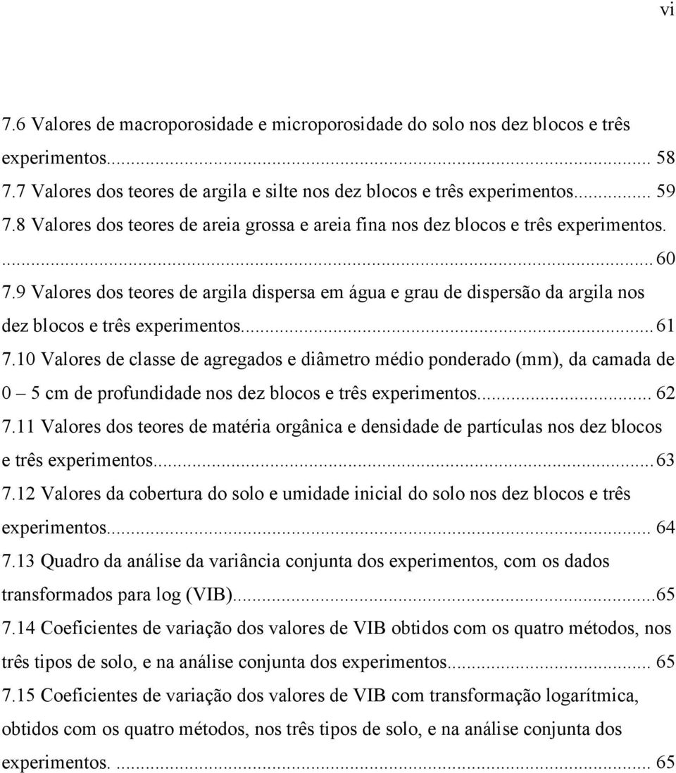 9 Valores dos teores de argila dispersa em água e grau de dispersão da argila nos dez blocos e três experimentos... 61 7.