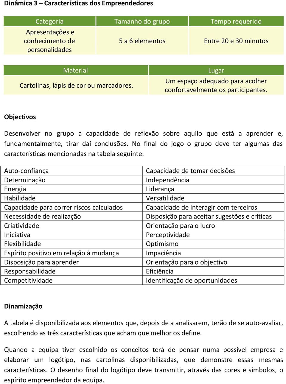 No final do jogo o grupo deve ter algumas das características mencionadas na tabela seguinte: Auto-confiança Determinação Energia Habilidade Capacidade para correr riscos calculados Necessidade de