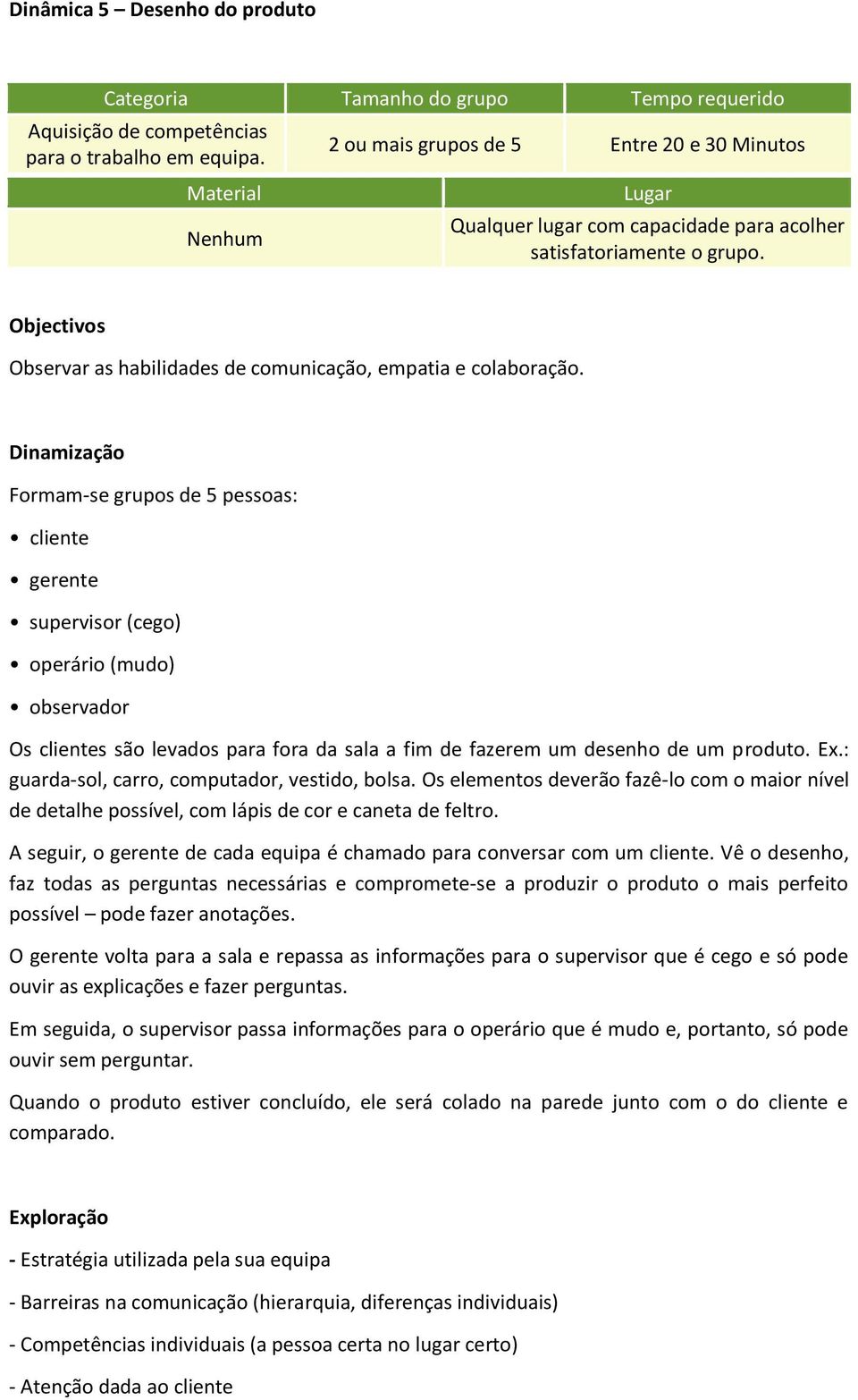 Formam-se grupos de 5 pessoas: cliente gerente supervisor (cego) operário (mudo) observador Os clientes são levados para fora da sala a fim de fazerem um desenho de um produto. Ex.