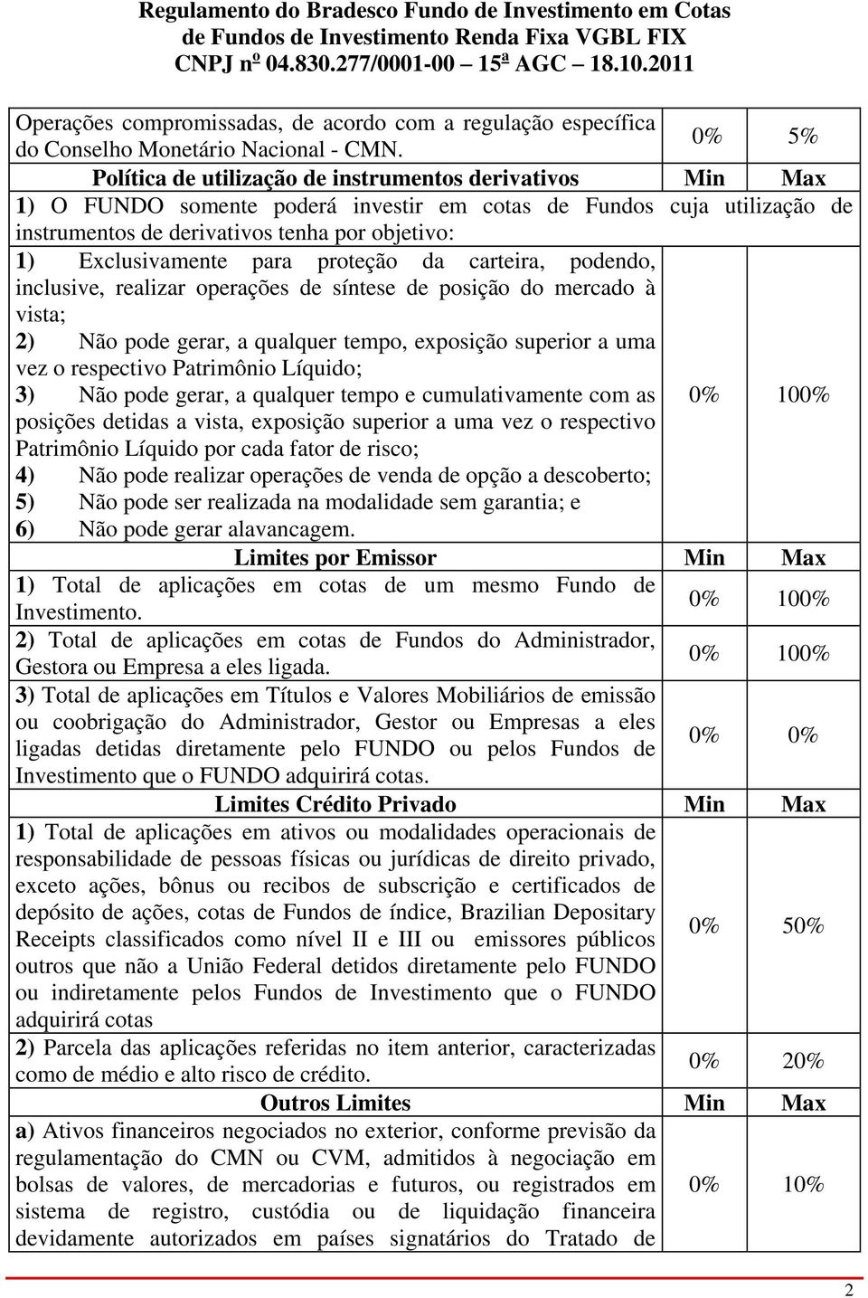 Exclusivamente para proteção da carteira, podendo, inclusive, realizar operações de síntese de posição do mercado à vista; 2) Não pode gerar, a qualquer tempo, exposição superior a uma vez o