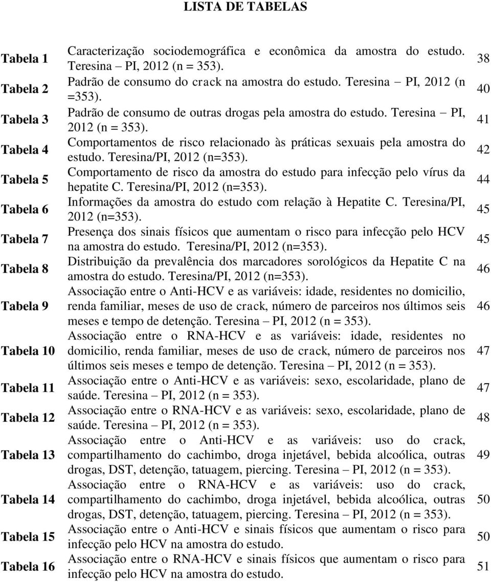 Padrão de consumo de outras drogas pela amostra do estudo. Teresina PI, 2012 (n = 353). Comportamentos de risco relacionado às práticas sexuais pela amostra do estudo. Teresina/PI, 2012 (n=353).