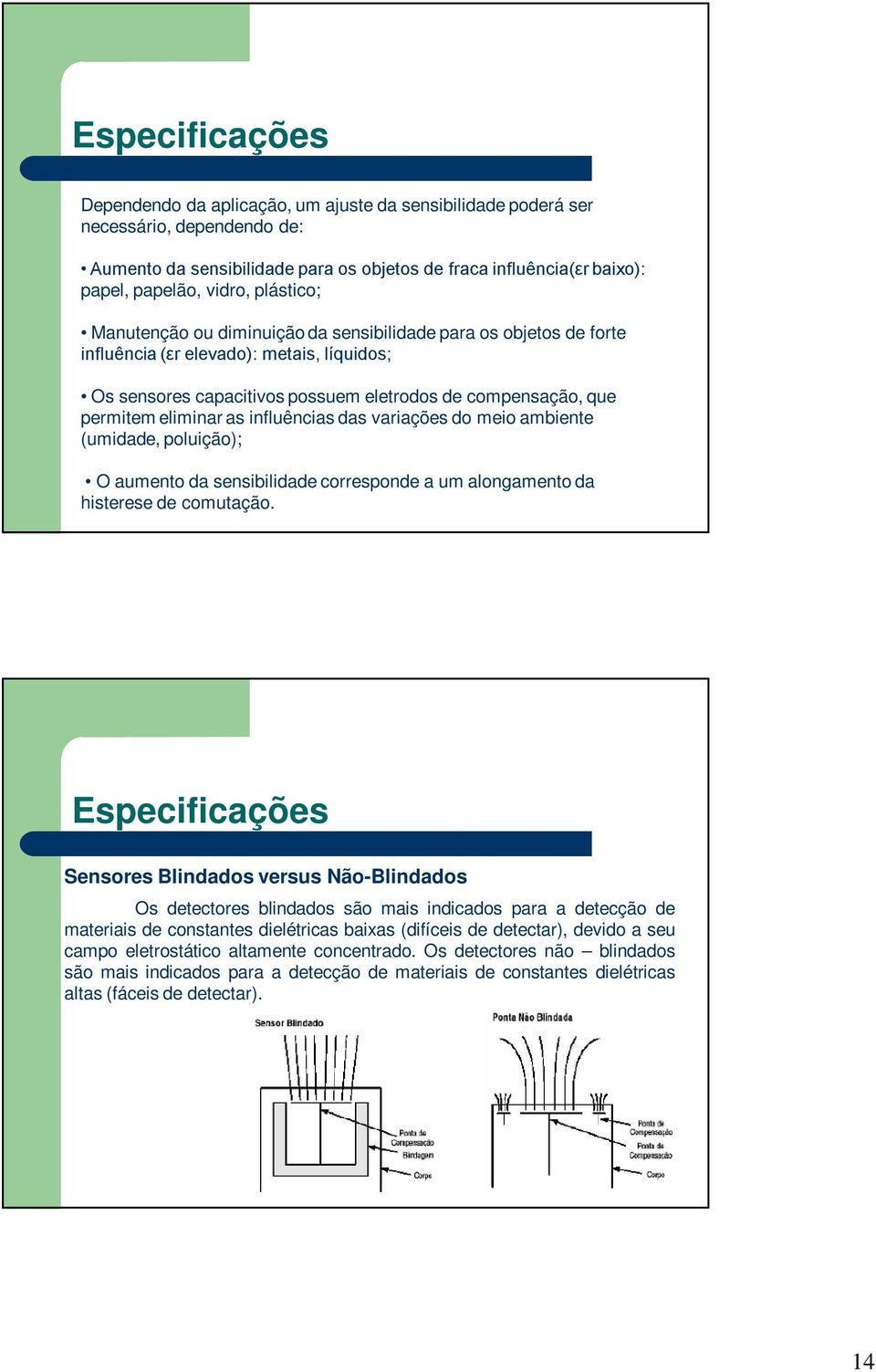 as influências das variações do meio ambiente (umidade, poluição); O aumento da sensibilidade corresponde a um alongamento da histerese de comutação.