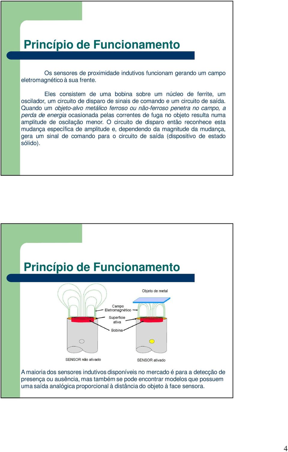 Quando um objeto-alvo metálico ferroso ou não-ferroso penetra no campo, a perda de energia ocasionada pelas correntes de fuga no objeto resulta numa amplitude de oscilação menor.