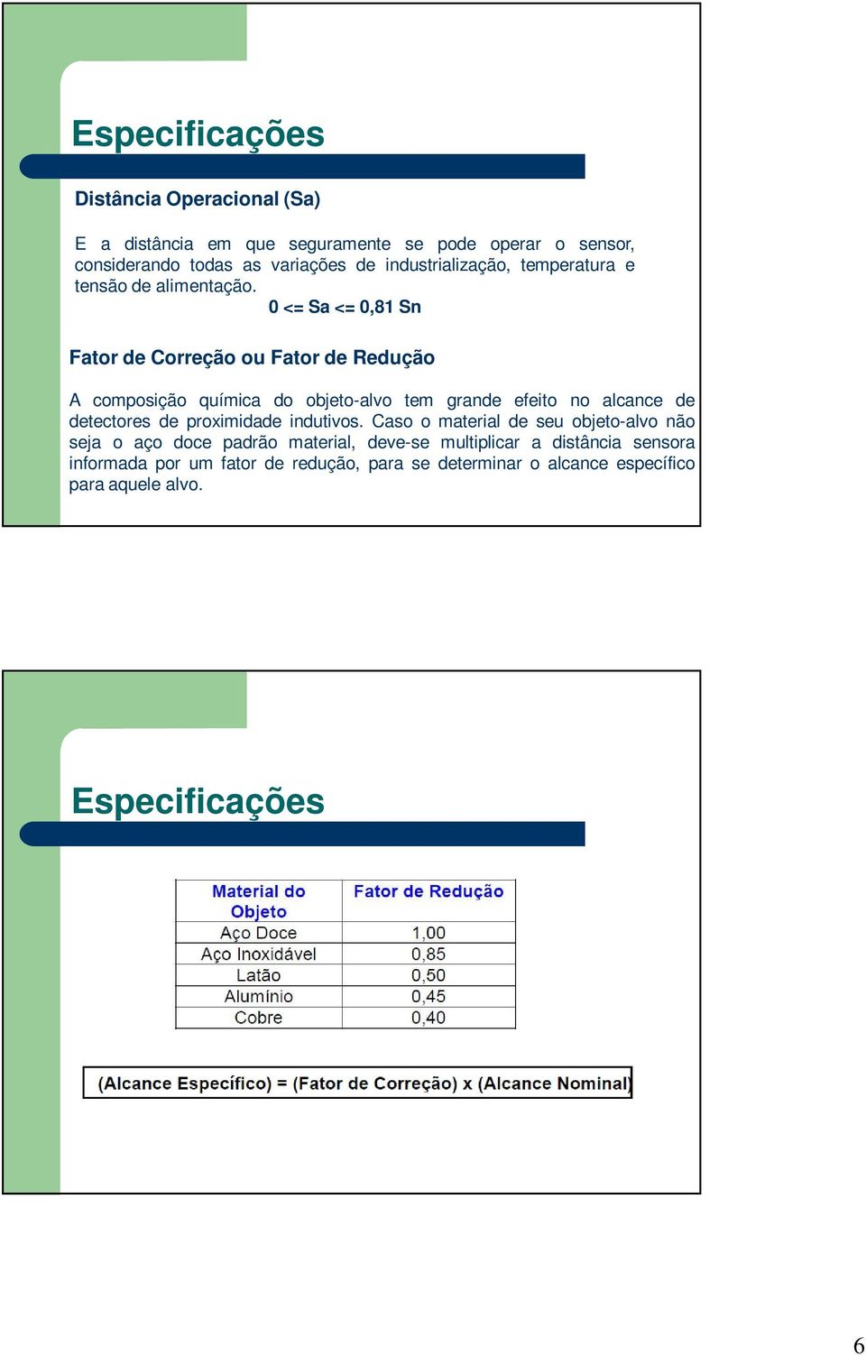 0 <= Sa <= 0,81 Sn Fator de Correção ou Fator de Redução A composição química do objeto-alvo tem grande efeito no alcance de detectores de