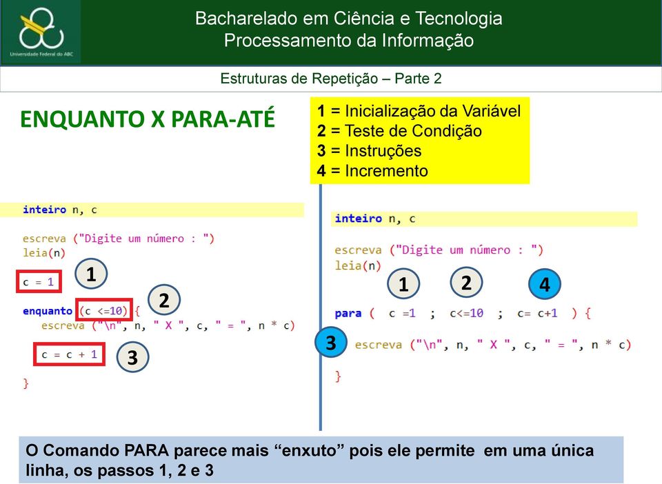 2 1 2 4 3 3 O Comando PARA parece mais enxuto pois