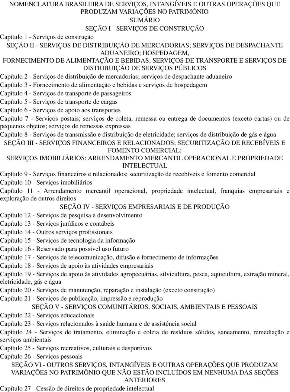 Capítulo 2 - Serviços de distribuição de mercadorias; serviços de despachante aduaneiro Capítulo 3 - Fornecimento de alimentação e bebidas e serviços de hospedagem Capítulo 4 - Serviços de transporte