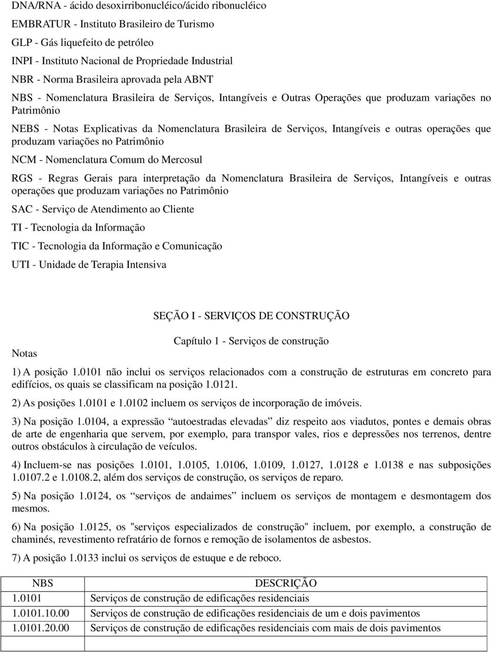 Serviços, Intangíveis e outras operações que produzam variações no Patrimônio NCM - Nomenclatura Comum do Mercosul RGS - Regras Gerais para interpretação da Nomenclatura Brasileira de Serviços,