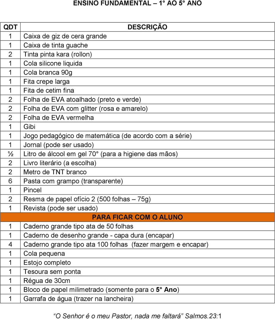 literário (a escolha) 2 Metro de TNT branco 6 Pasta com grampo (transparente) 1 Pincel 2 Resma de papel ofício 2 (500 folhas 75g) 1 Revista (pode ser usado) 1 Caderno grande tipo ata de 50 folhas 1