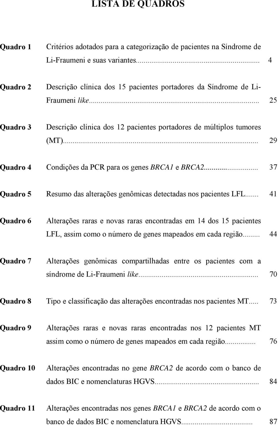 .. 29 Quadro 4 Condições da PCR para os genes BRCA1 e BRCA2... 37 Quadro 5 Resumo das alterações genômicas detectadas nos pacientes LFL.