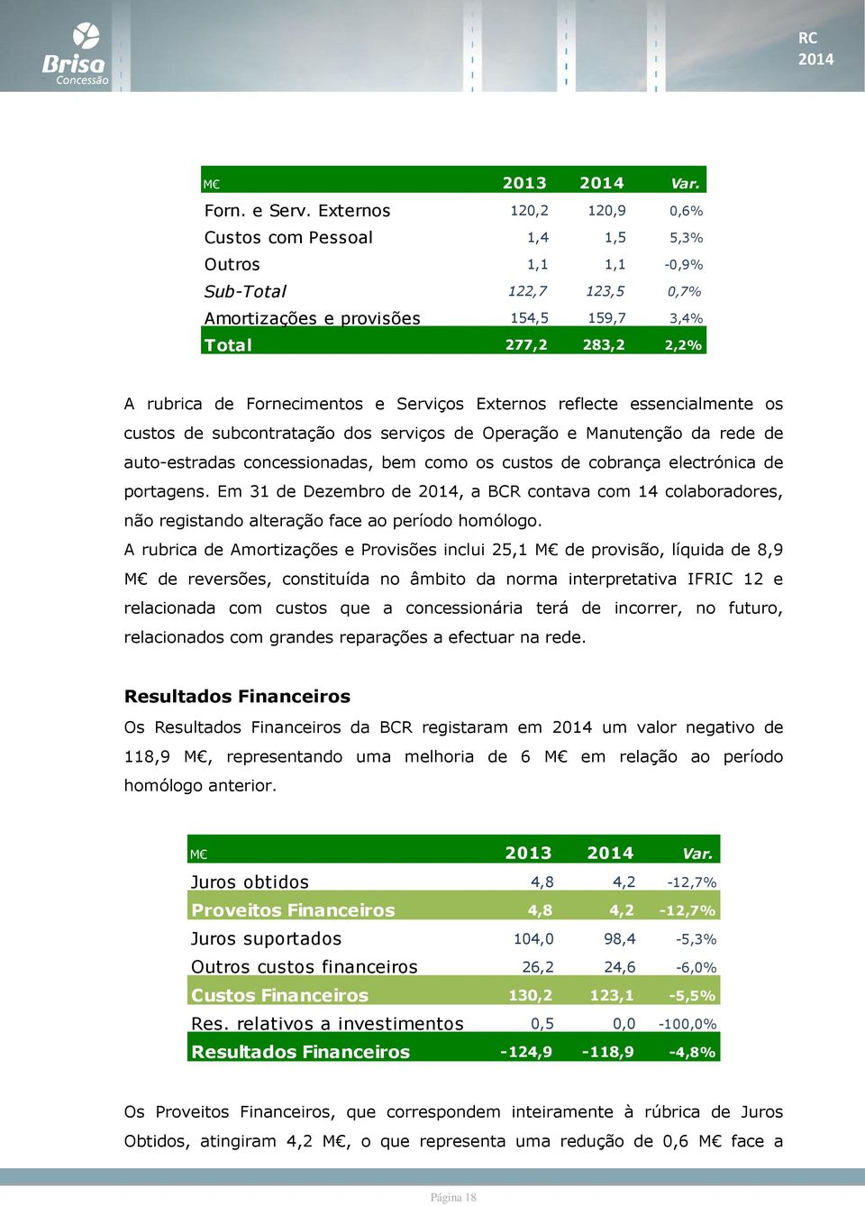 Serviços Externos reflecte essencialmente os custos de subcontratação dos serviços de Operação e Manutenção da rede de auto-estradas concessionadas, bem como os custos de cobrança electrónica de