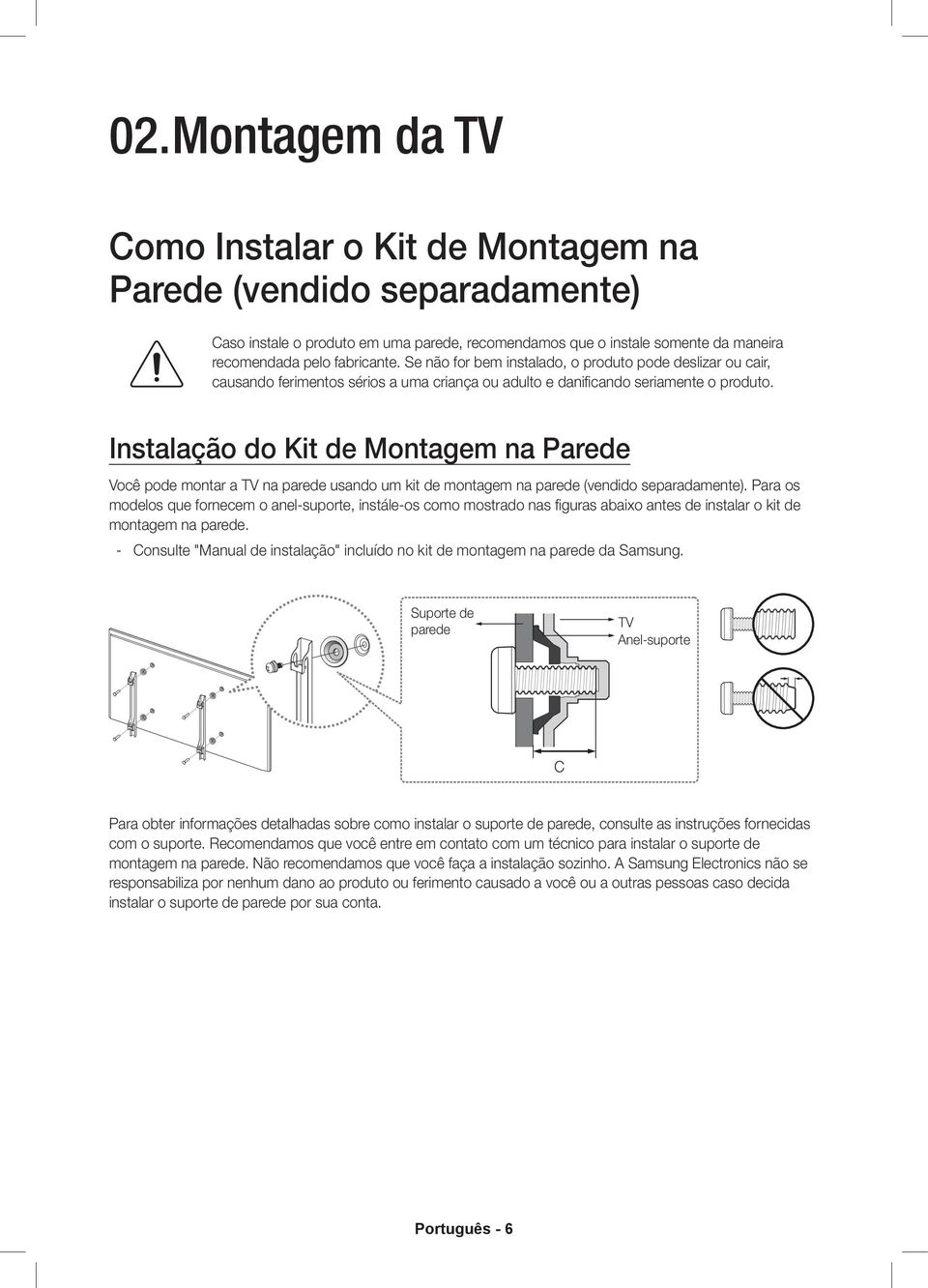 Instalação do Kit de Montagem na Parede Você pode montar a TV na parede usando um kit de montagem na parede (vendido separadamente).