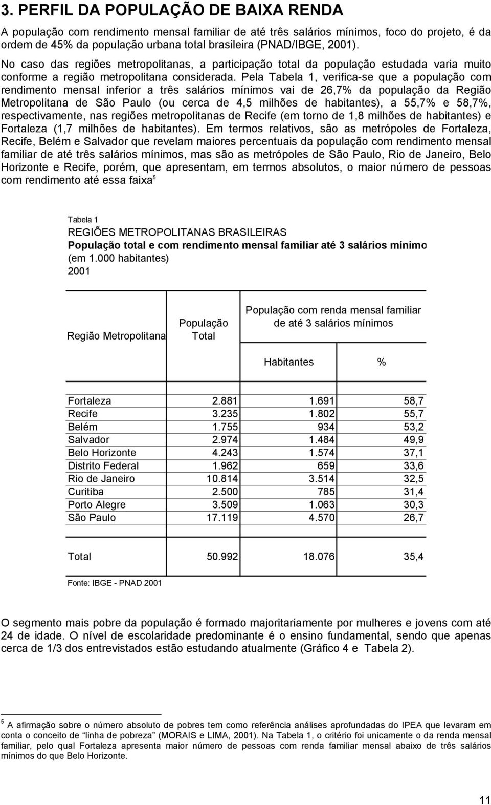 Pela Tabela 1, verifica-se que a população com rendimento mensal inferior a três salários mínimos vai de 26,7% da população da Região Metropolitana de São Paulo (ou cerca de 4,5 milhões de