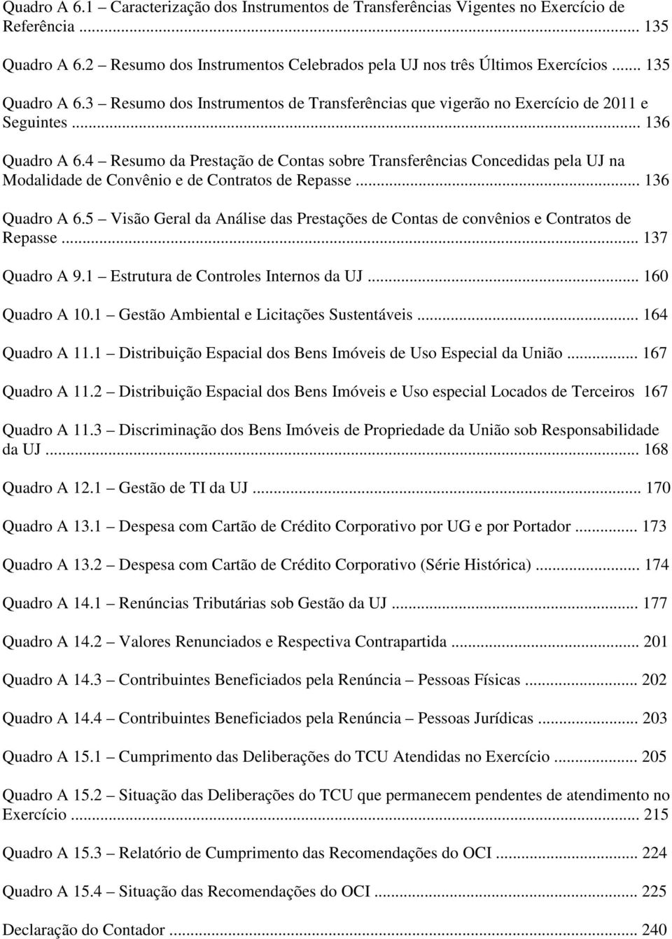 4 Resumo da Prestação de Contas sobre Transferências Concedidas pela UJ na Modalidade de Convênio e de Contratos de Repasse... 136 Quadro A 6.
